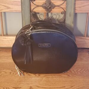 Lancome Black Matte & Patent PU Leather Round Train Case Cosmetic Bag